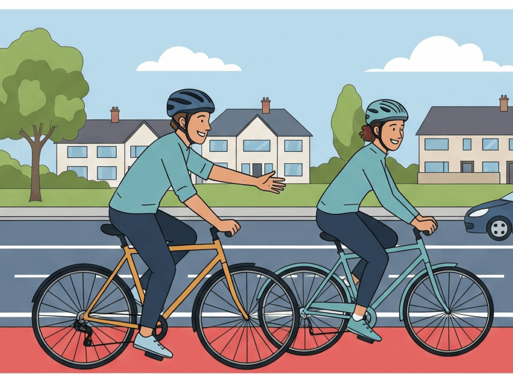 Cartoon style illustration of 2 cyclists on a bike path in an urban area.